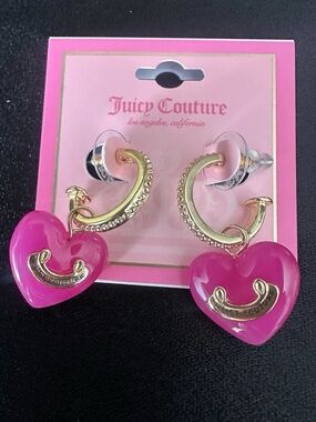 New Juicy Couture Hot Pink Heart Charm Hoop Earrings with Gold-Tone Accents